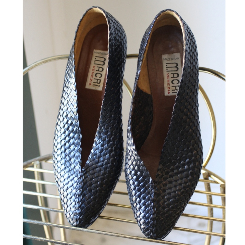 Vintage Loafers Black Woven Leather Slip on Flats